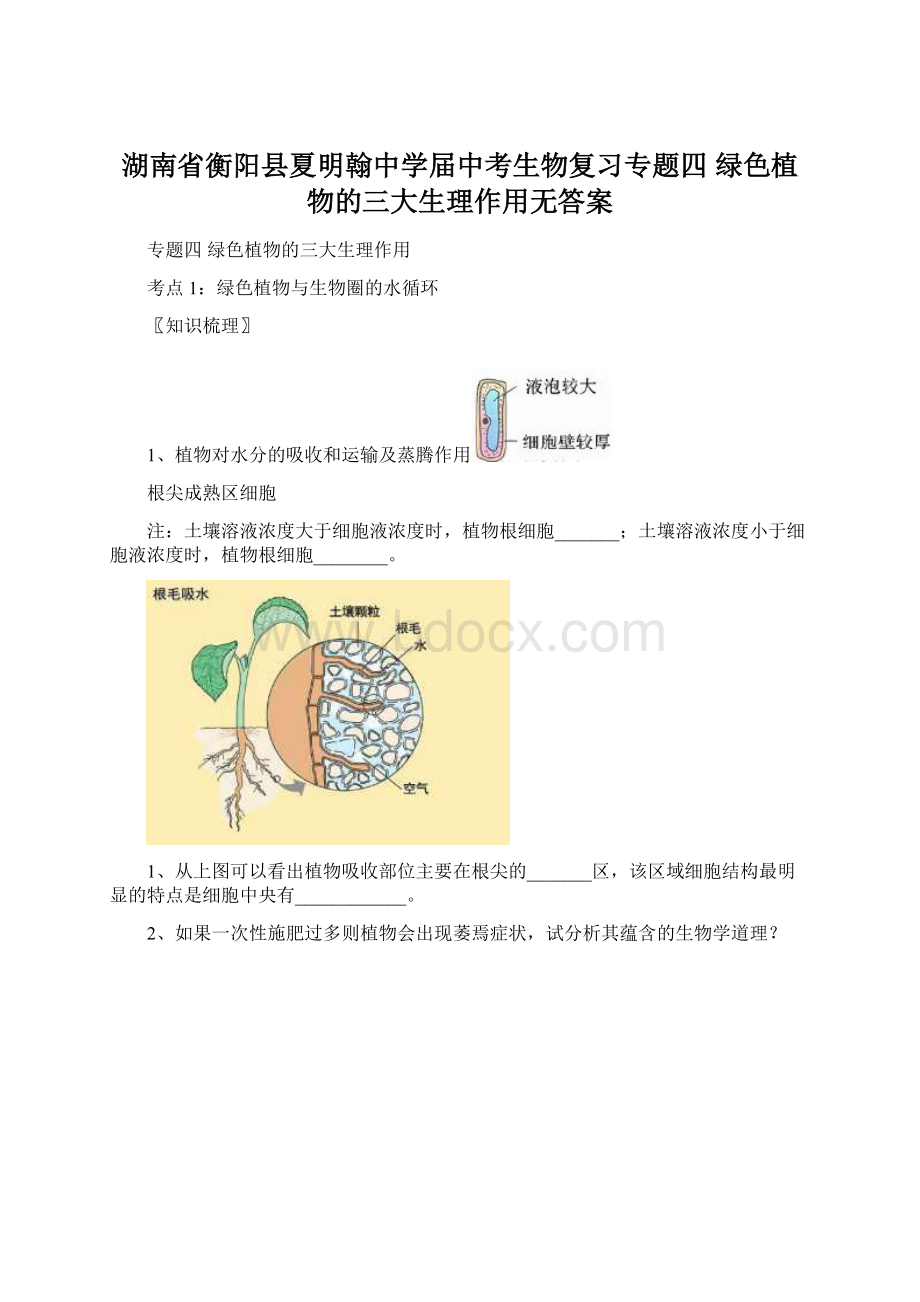 湖南省衡阳县夏明翰中学届中考生物复习专题四 绿色植物的三大生理作用无答案.docx_第1页