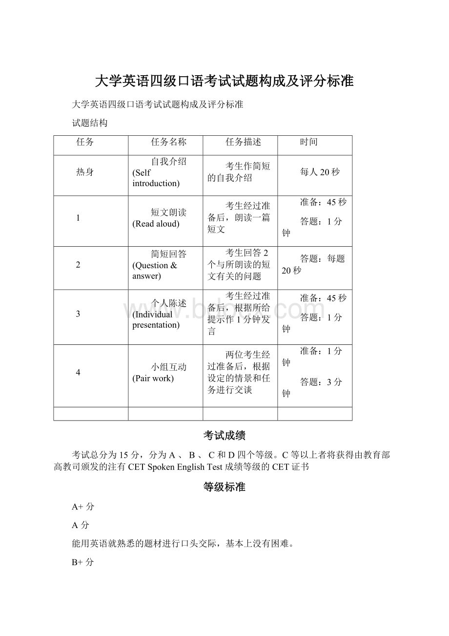 大学英语四级口语考试试题构成及评分标准.docx_第1页