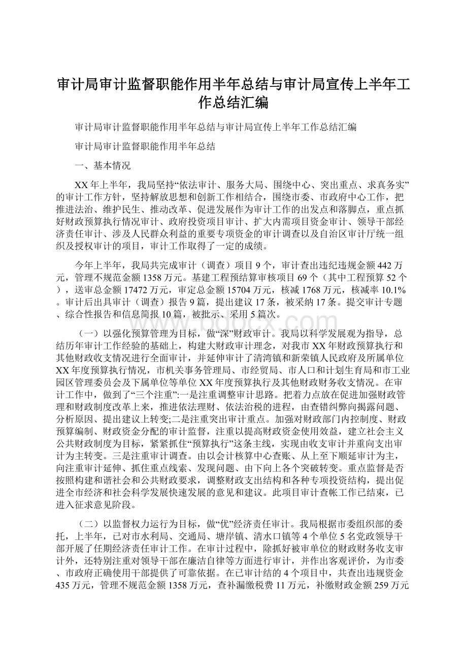 审计局审计监督职能作用半年总结与审计局宣传上半年工作总结汇编Word下载.docx_第1页