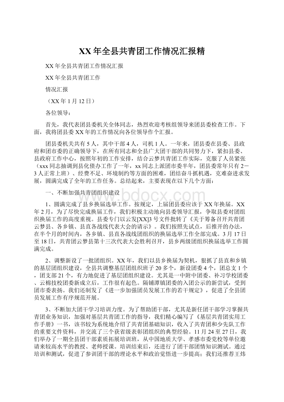 XX年全县共青团工作情况汇报精.docx