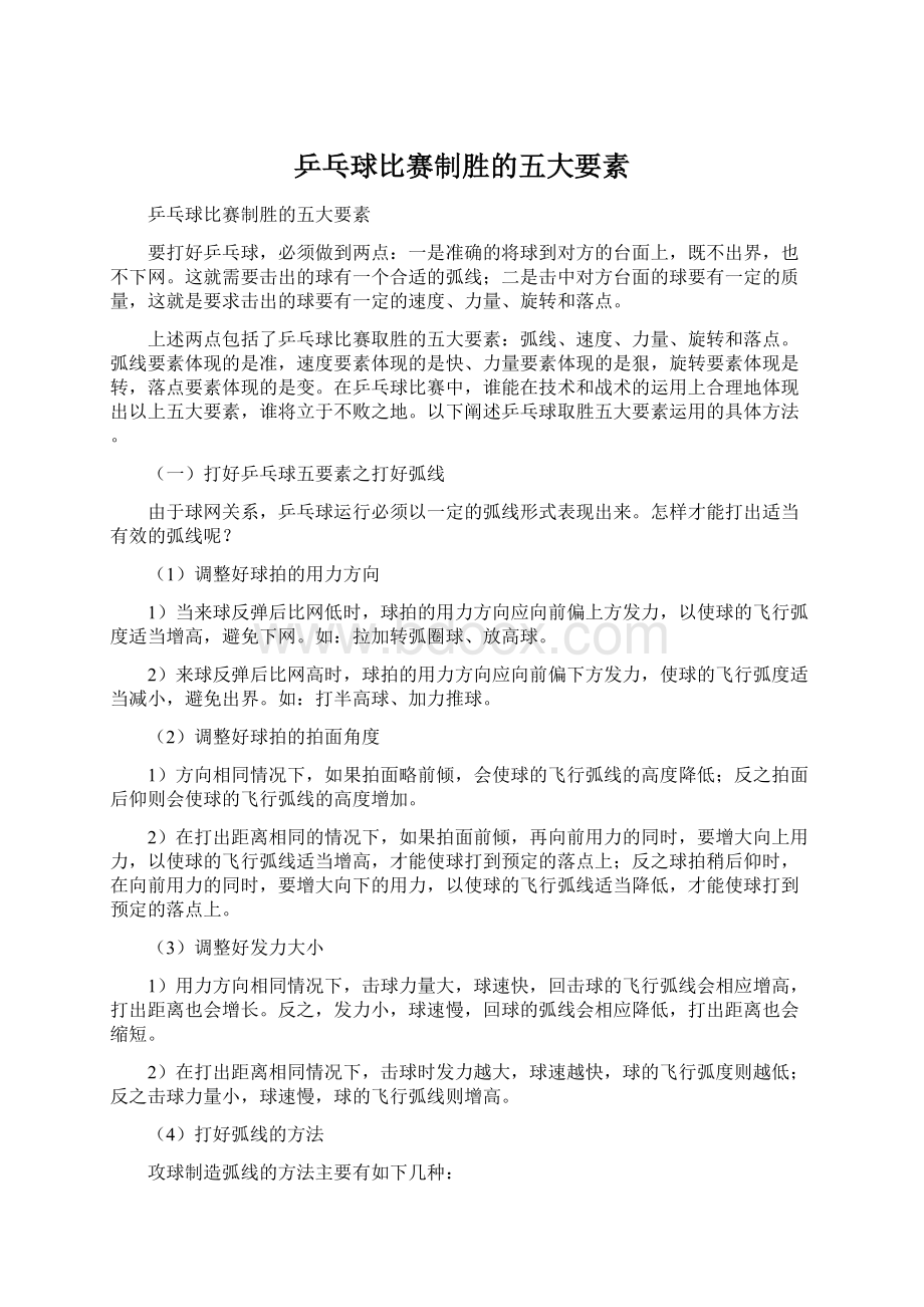 乒乓球比赛制胜的五大要素Word文档下载推荐.docx