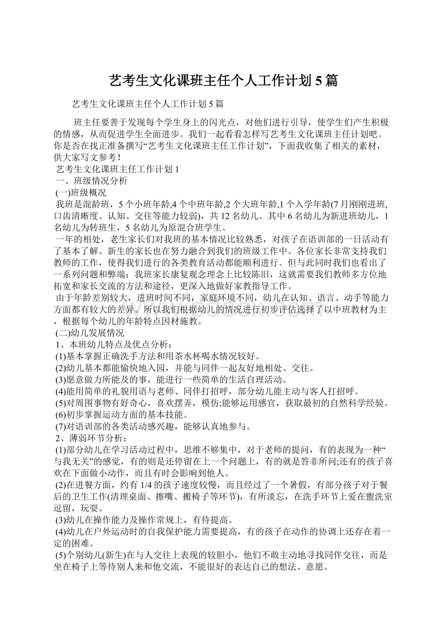 艺考生文化课班主任个人工作计划5篇Word文档下载推荐.docx_第1页