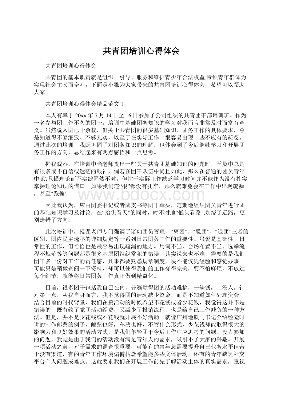 共青团培训心得体会文档格式.docx