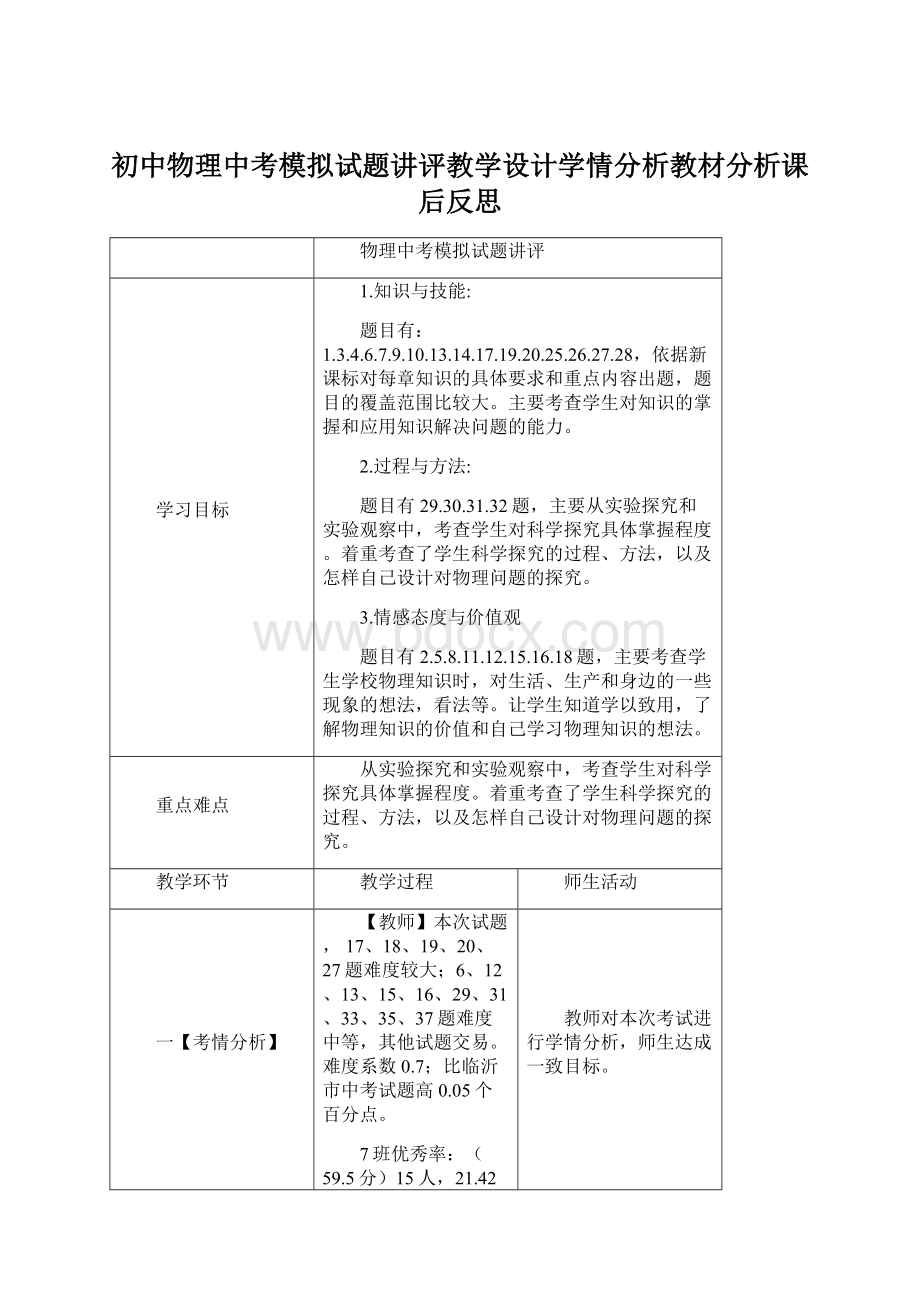 初中物理中考模拟试题讲评教学设计学情分析教材分析课后反思.docx_第1页