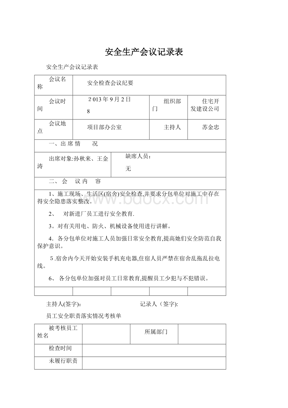 安全生产会议记录表Word格式.docx_第1页