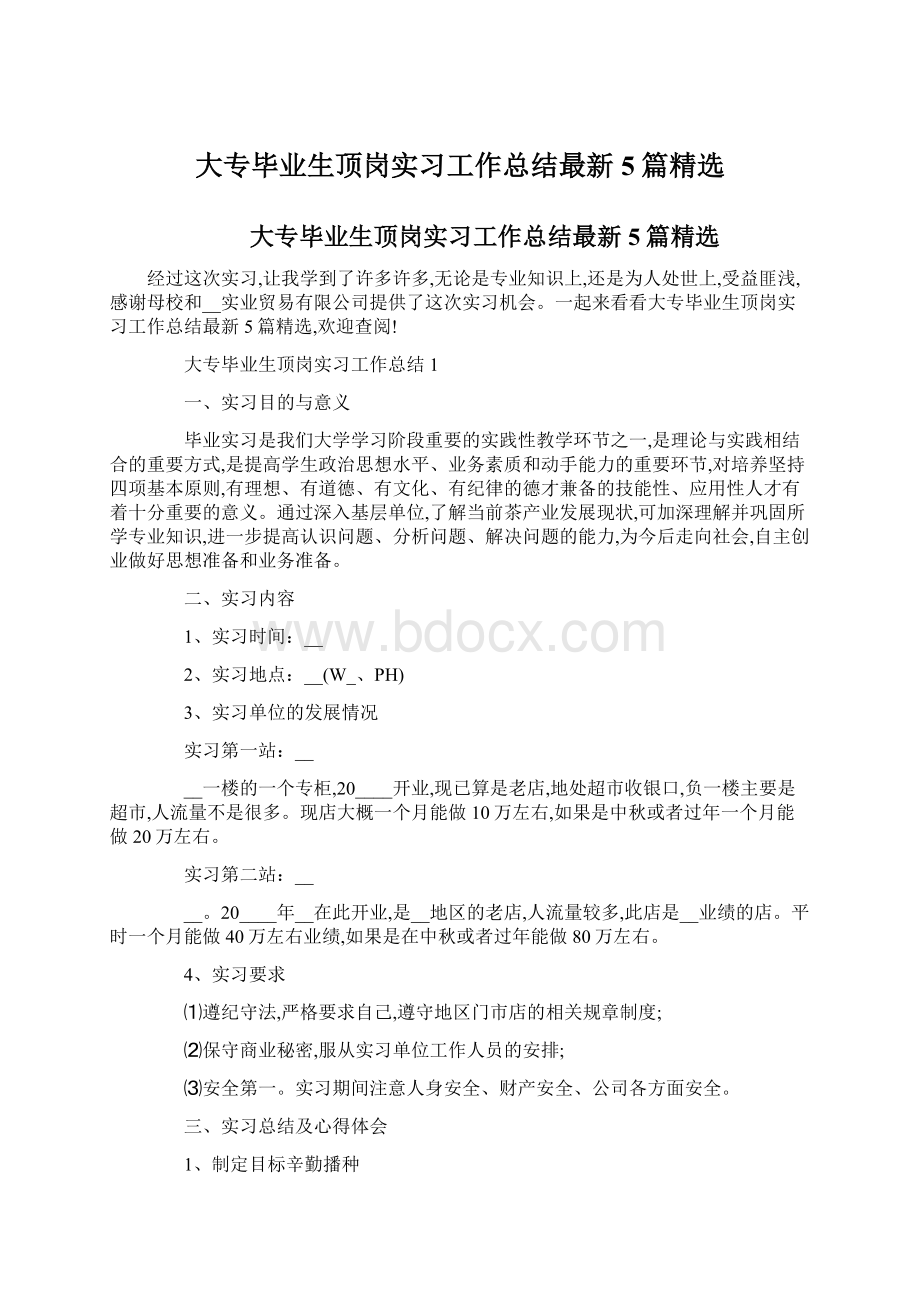 大专毕业生顶岗实习工作总结最新5篇精选.docx