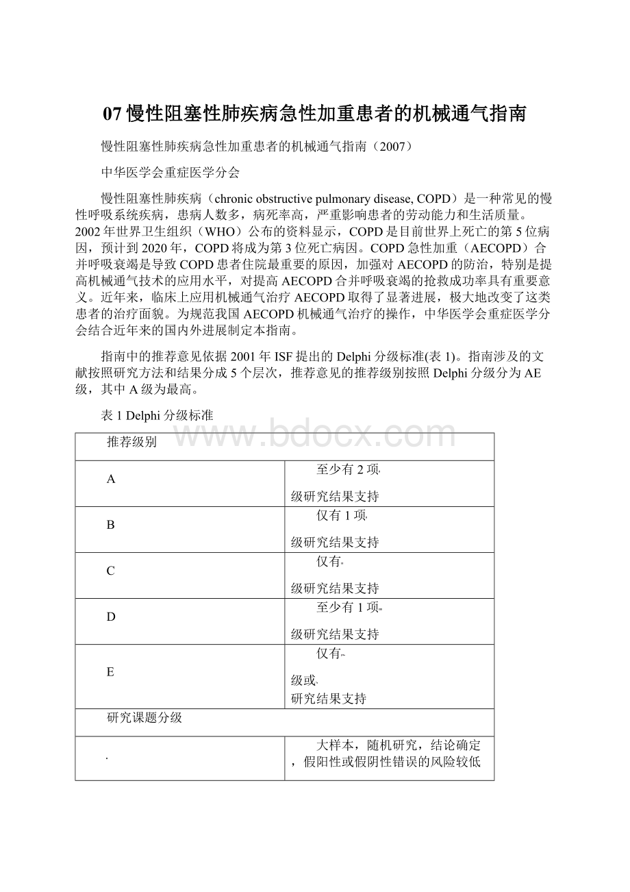 07慢性阻塞性肺疾病急性加重患者的机械通气指南Word格式.docx