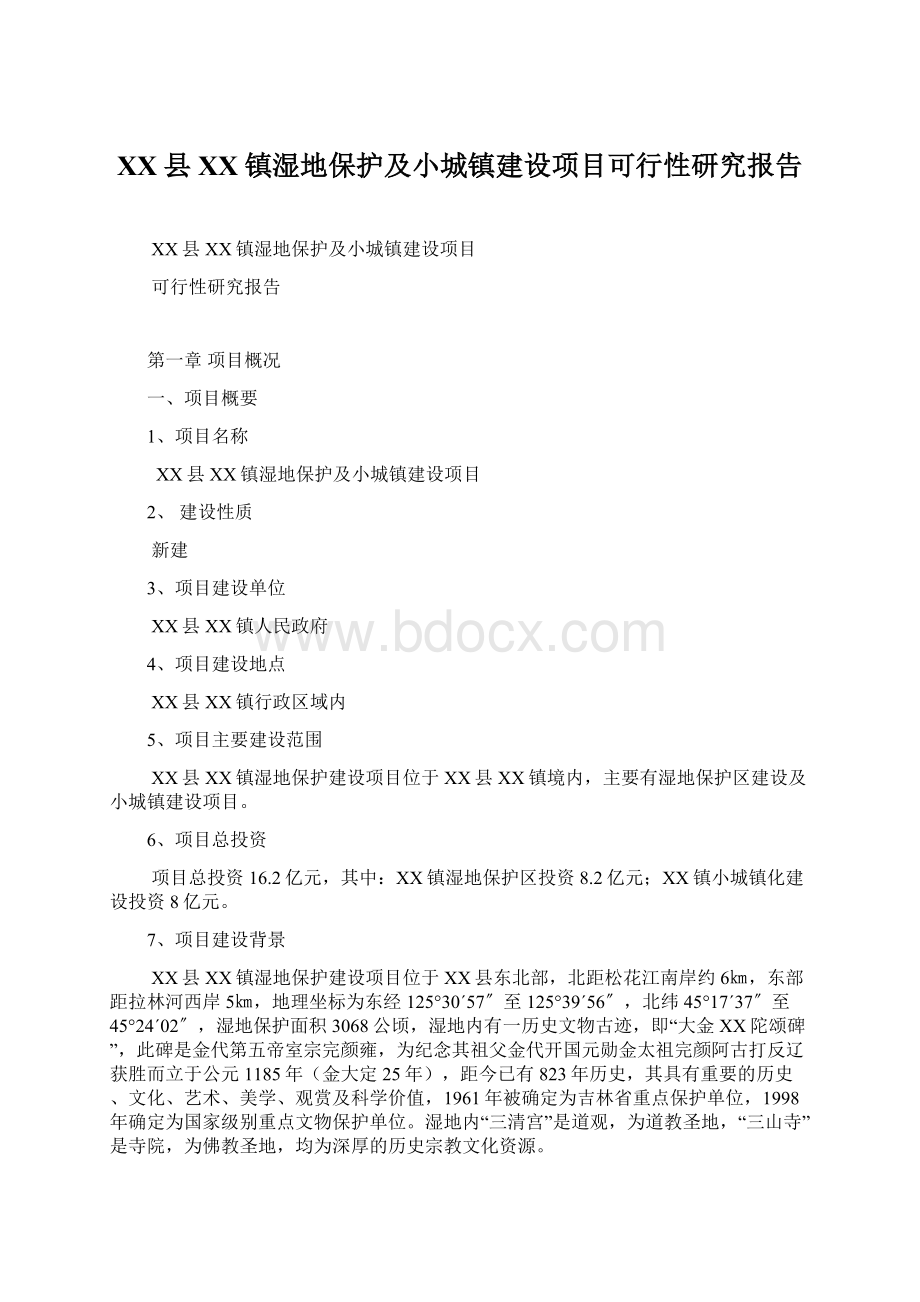 XX县XX镇湿地保护及小城镇建设项目可行性研究报告Word文件下载.docx