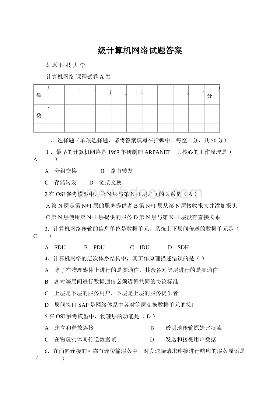 级计算机网络试题答案.docx_第1页