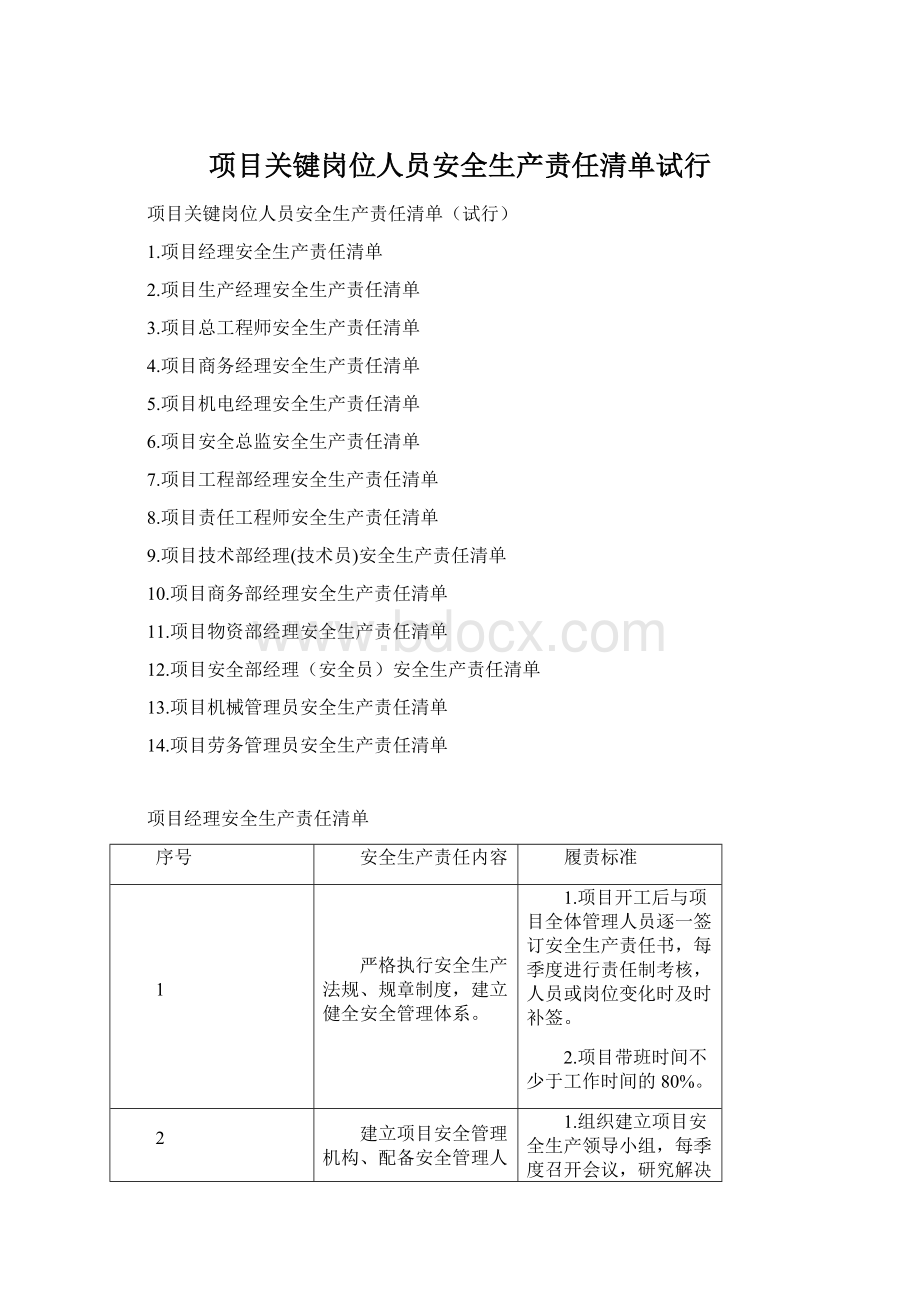 项目关键岗位人员安全生产责任清单试行Word格式.docx