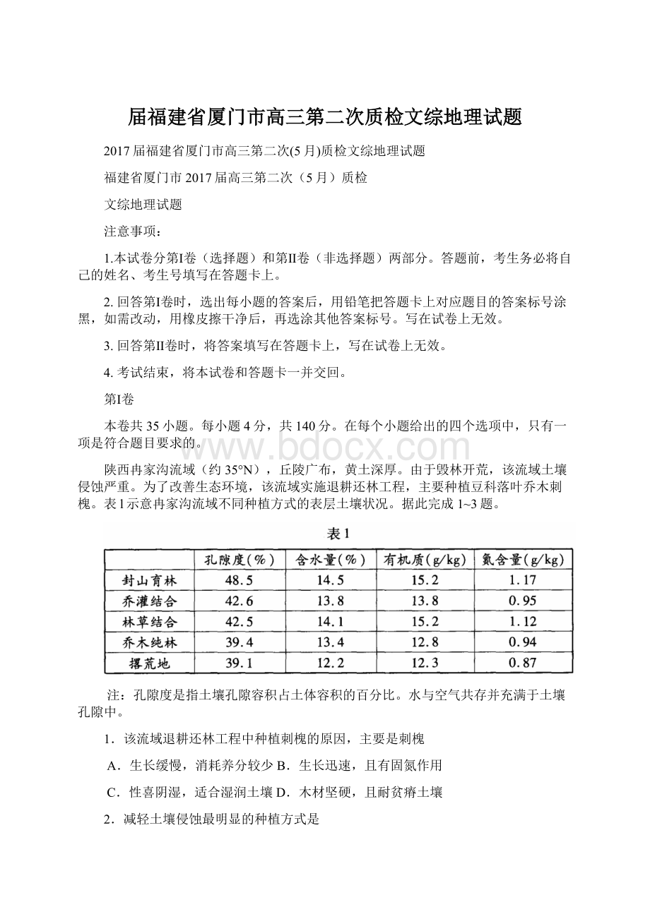 届福建省厦门市高三第二次质检文综地理试题Word文档格式.docx