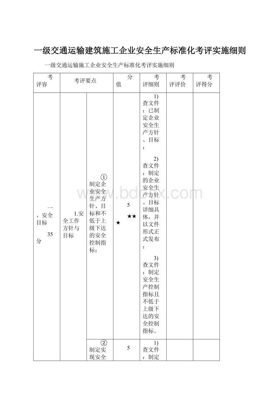 一级交通运输建筑施工企业安全生产标准化考评实施细则Word格式.docx