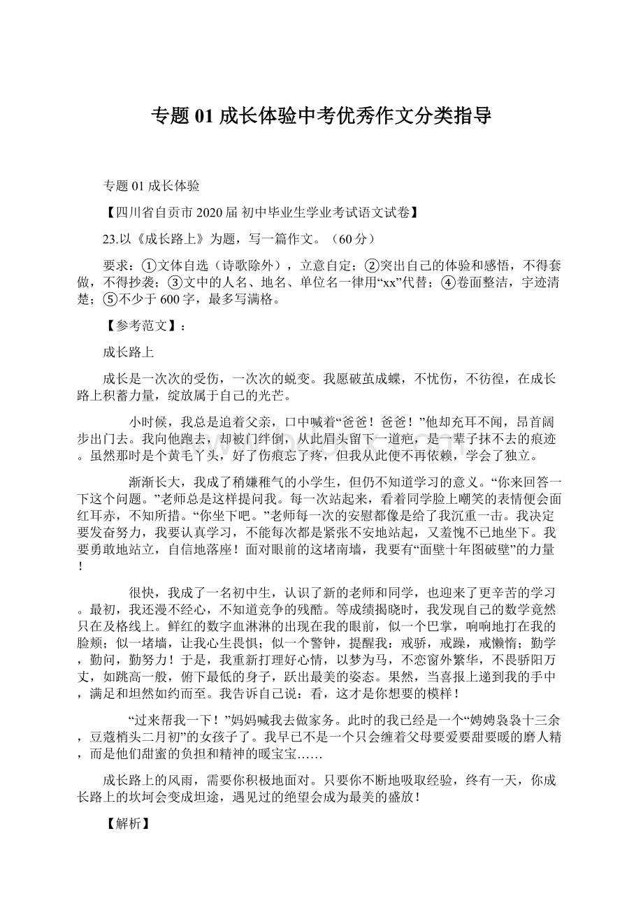 专题01 成长体验中考优秀作文分类指导Word文档下载推荐.docx_第1页