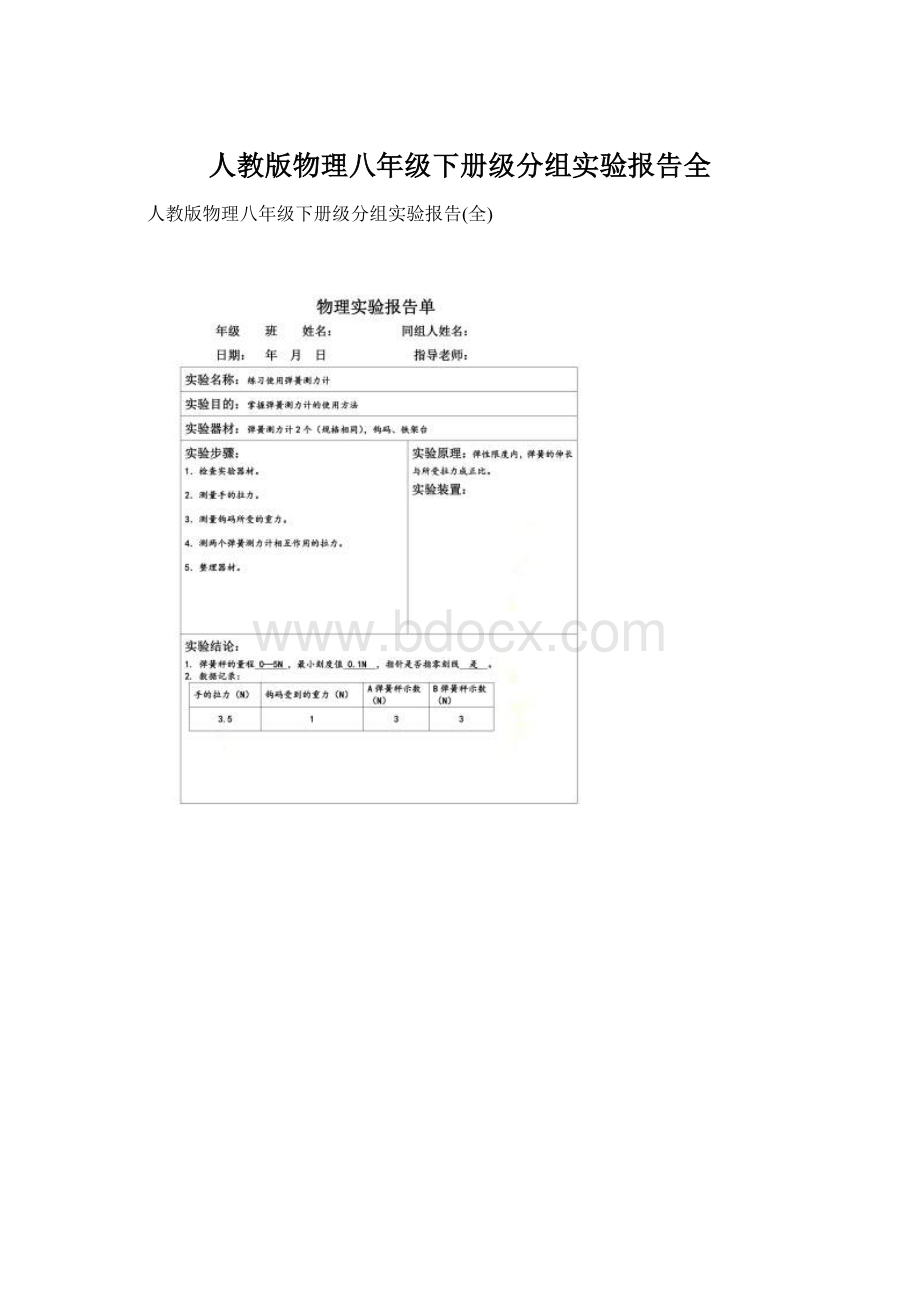 人教版物理八年级下册级分组实验报告全Word文档格式.docx