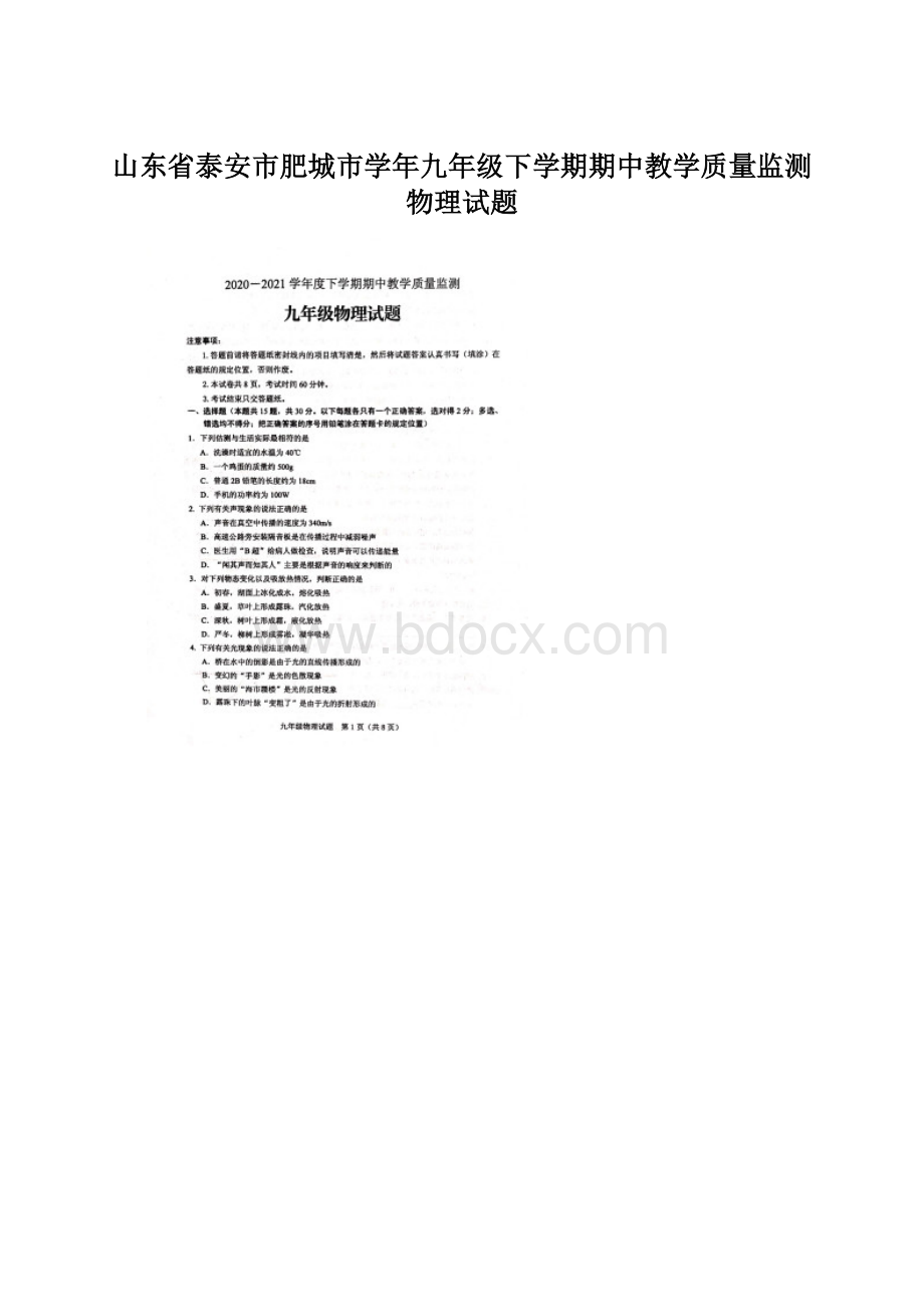 山东省泰安市肥城市学年九年级下学期期中教学质量监测物理试题.docx