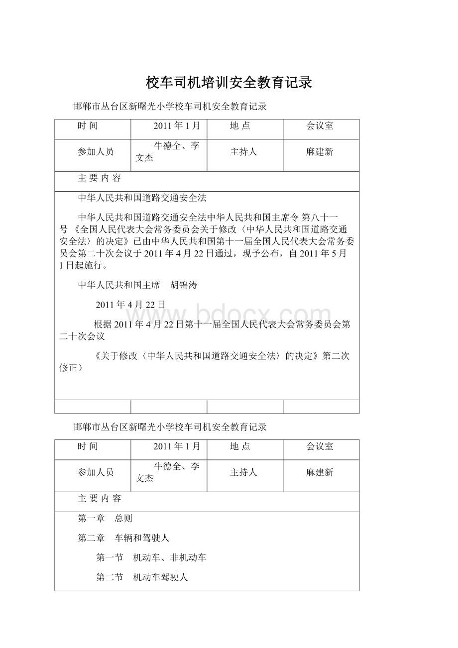 校车司机培训安全教育记录Word格式文档下载.docx