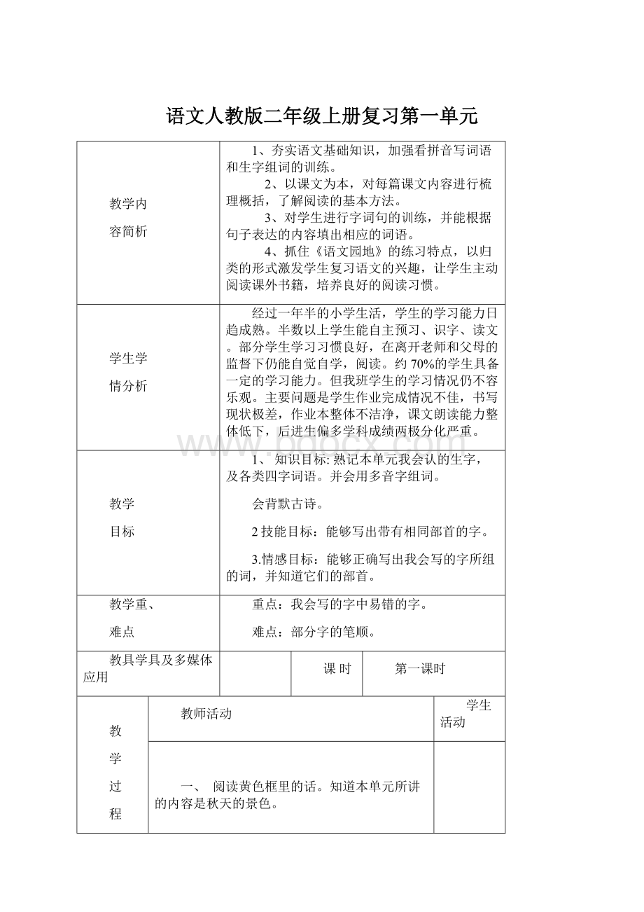 语文人教版二年级上册复习第一单元.docx_第1页