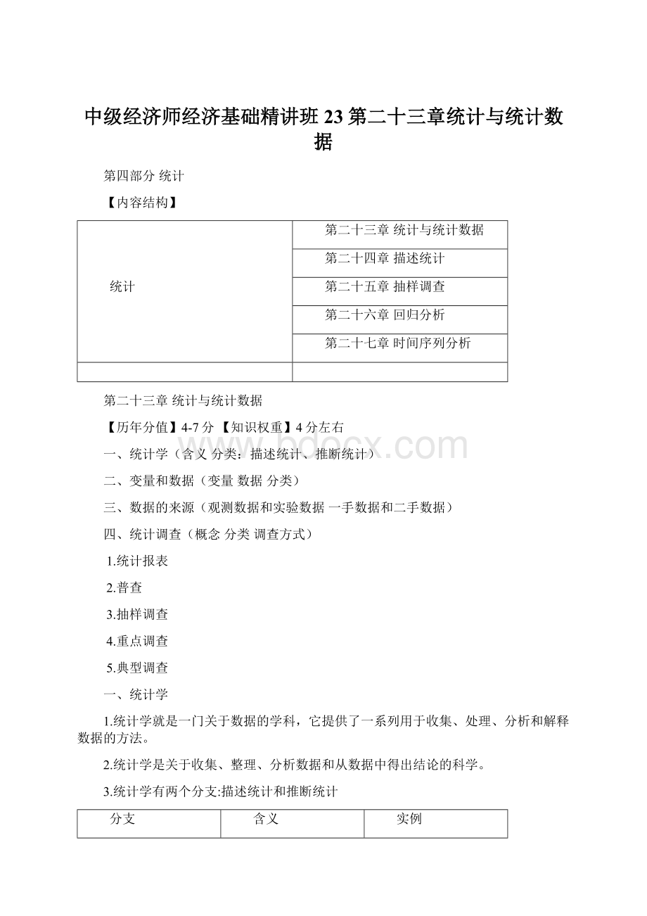 中级经济师经济基础精讲班23第二十三章统计与统计数据Word格式.docx_第1页