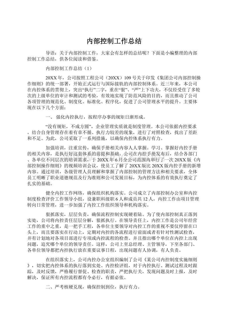 内部控制工作总结Word格式.docx