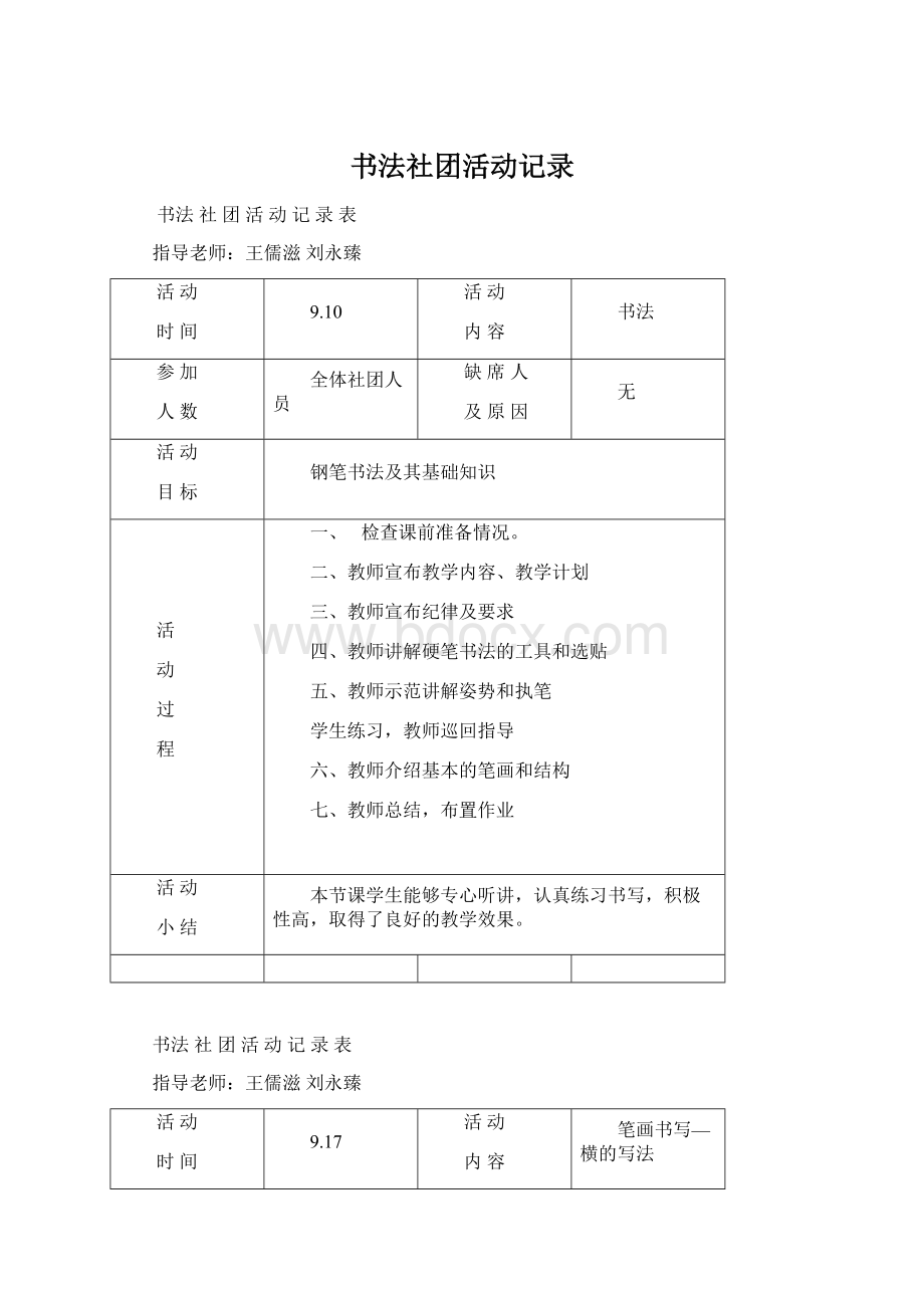 书法社团活动记录Word格式.docx