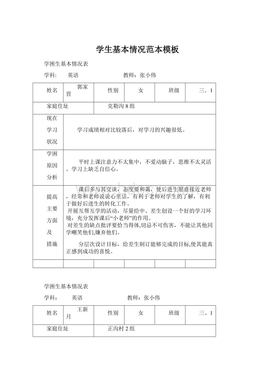 学生基本情况范本模板Word下载.docx