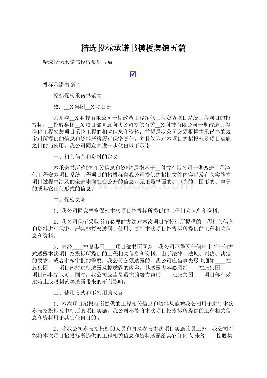 精选投标承诺书模板集锦五篇Word文档格式.docx