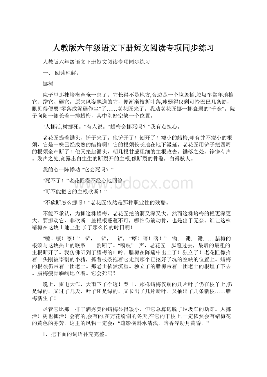 人教版六年级语文下册短文阅读专项同步练习.docx_第1页