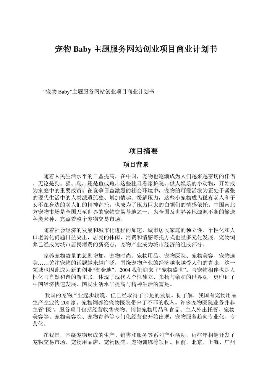 宠物Baby主题服务网站创业项目商业计划书.docx