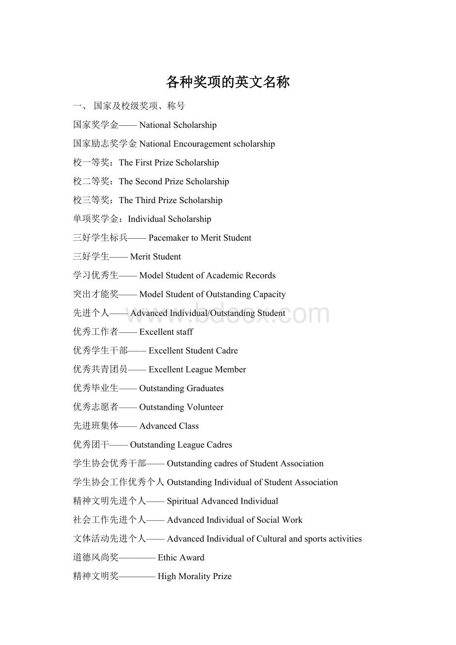 各种奖项的英文名称.docx_第1页