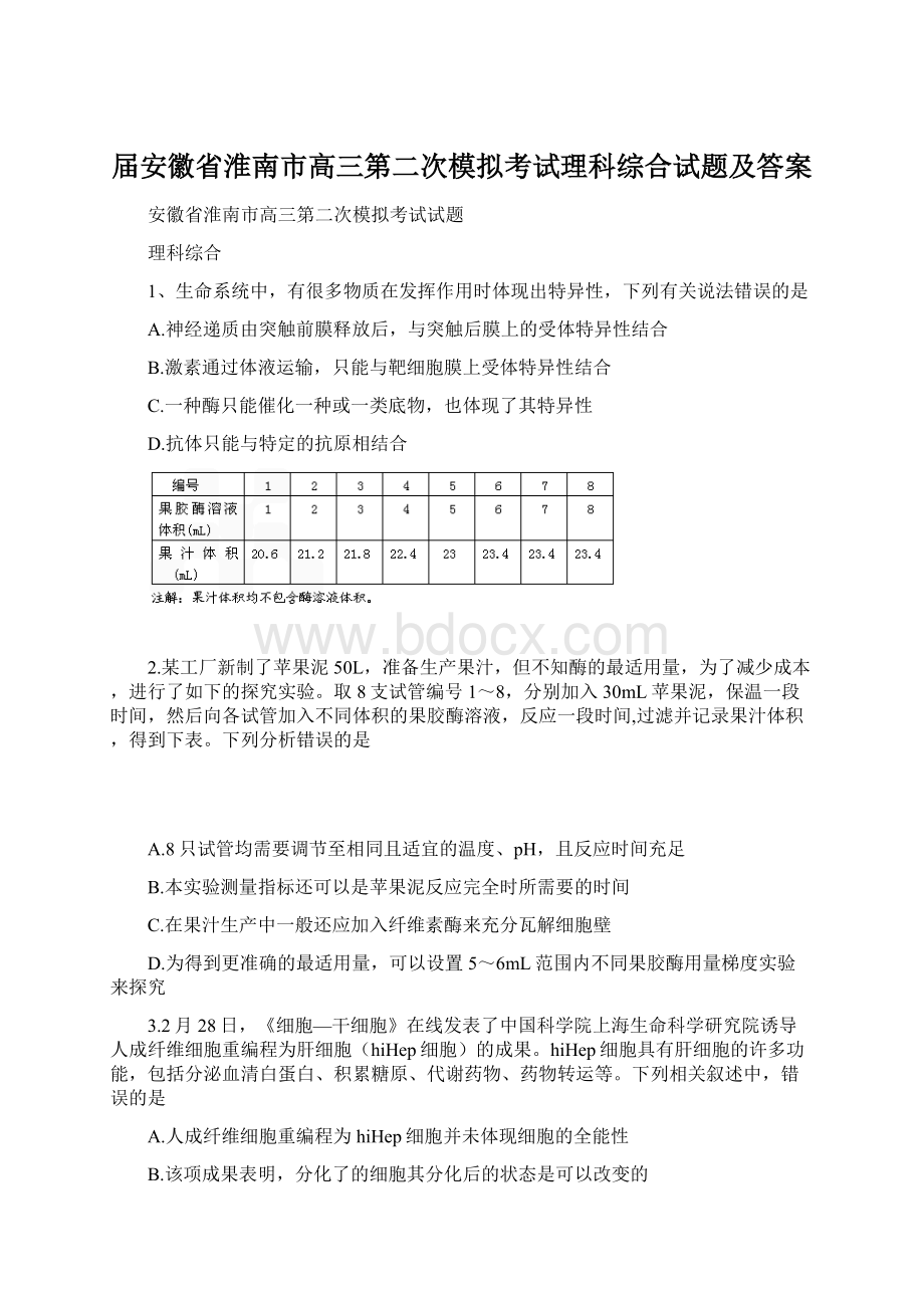 届安徽省淮南市高三第二次模拟考试理科综合试题及答案.docx_第1页