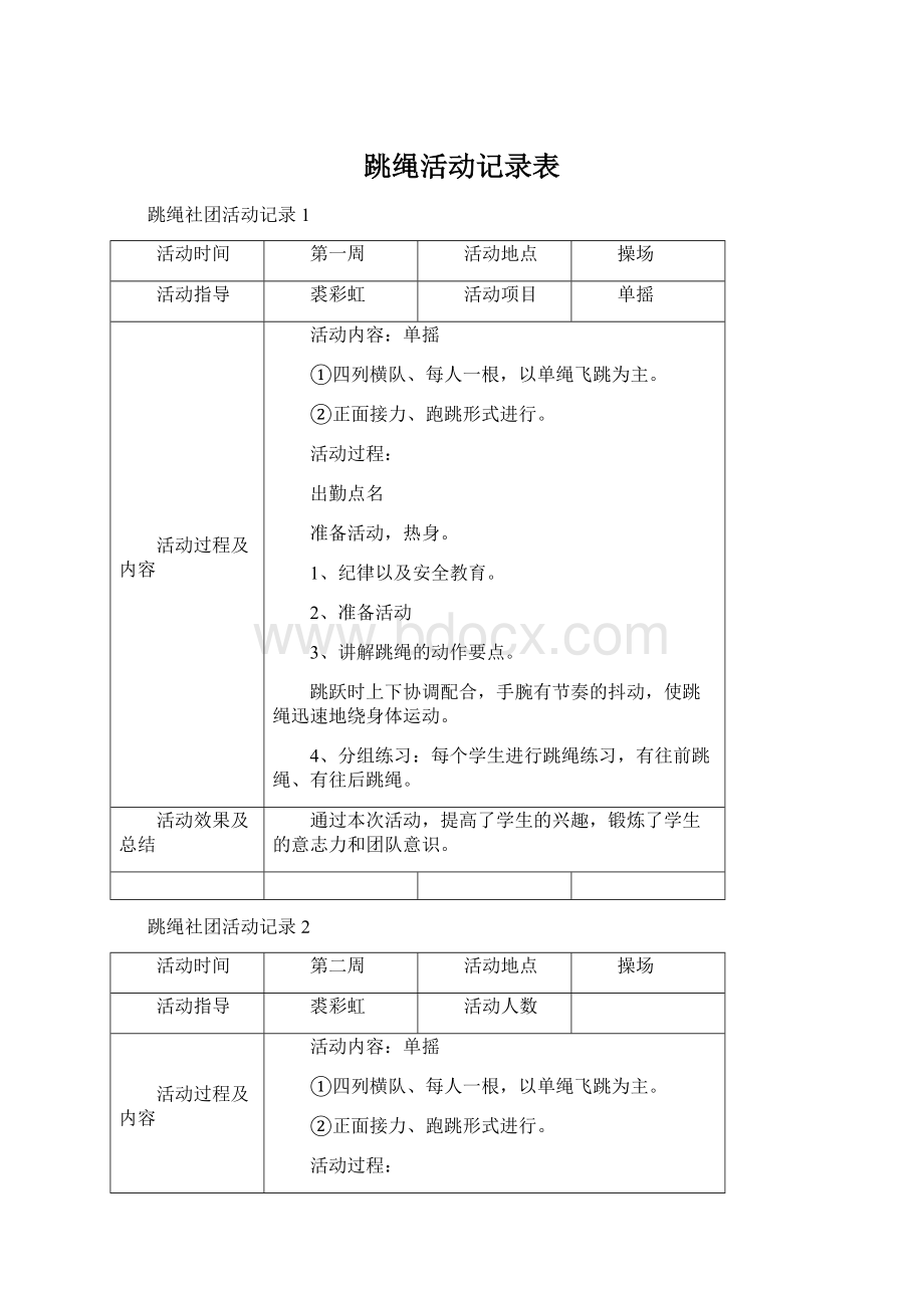 跳绳活动记录表Word文档格式.docx