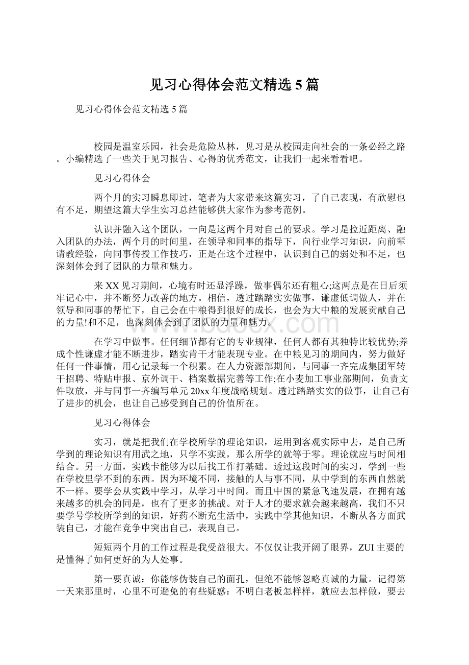 见习心得体会范文精选5篇Word格式.docx