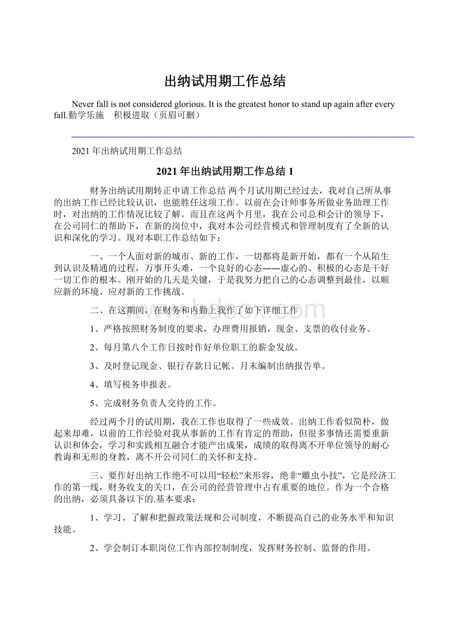 出纳试用期工作总结Word格式.docx