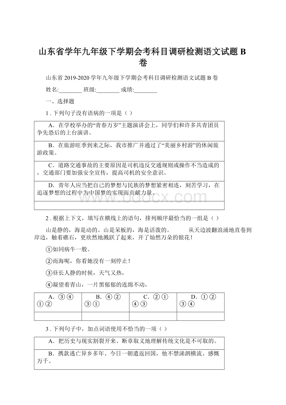 山东省学年九年级下学期会考科目调研检测语文试题B卷.docx_第1页