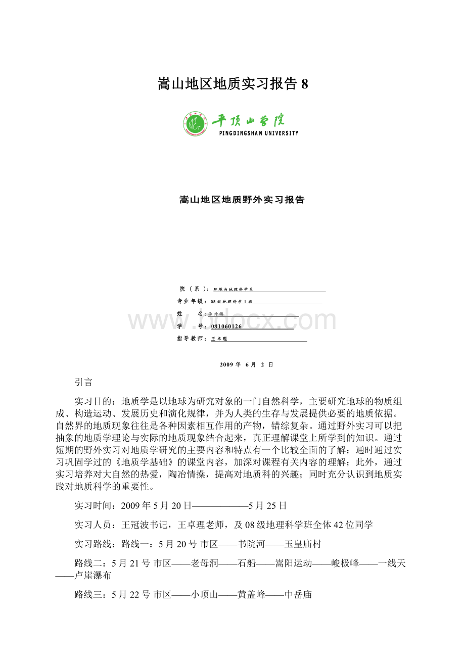 嵩山地区地质实习报告8.docx_第1页