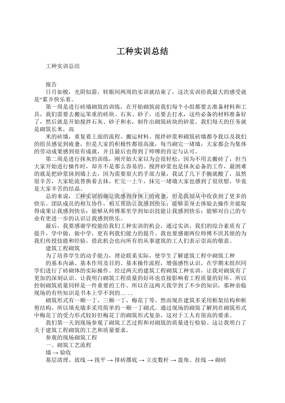 工种实训总结Word文档下载推荐.docx