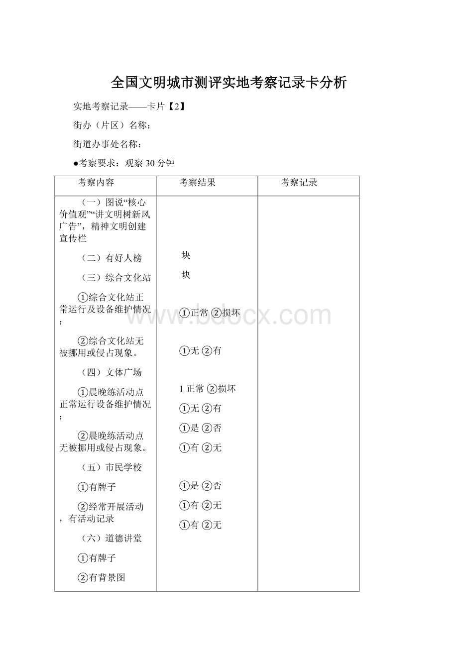 全国文明城市测评实地考察记录卡分析Word文件下载.docx