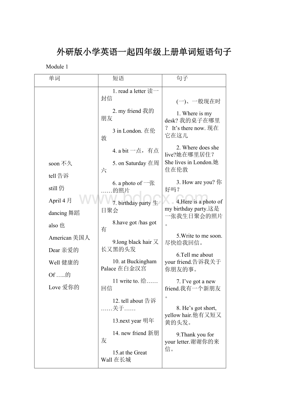 外研版小学英语一起四年级上册单词短语句子.docx_第1页