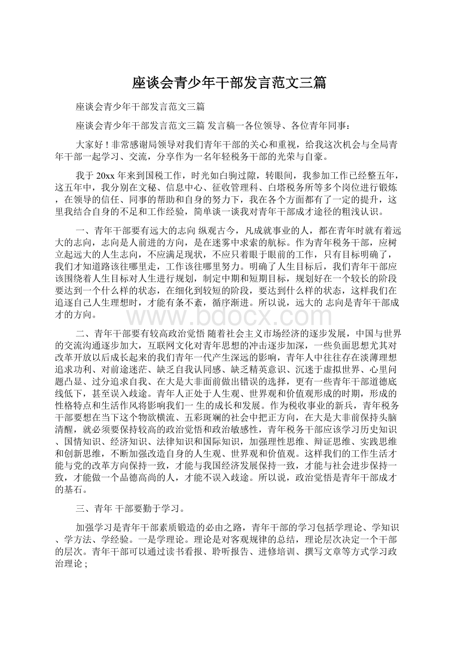 座谈会青少年干部发言范文三篇Word格式文档下载.docx