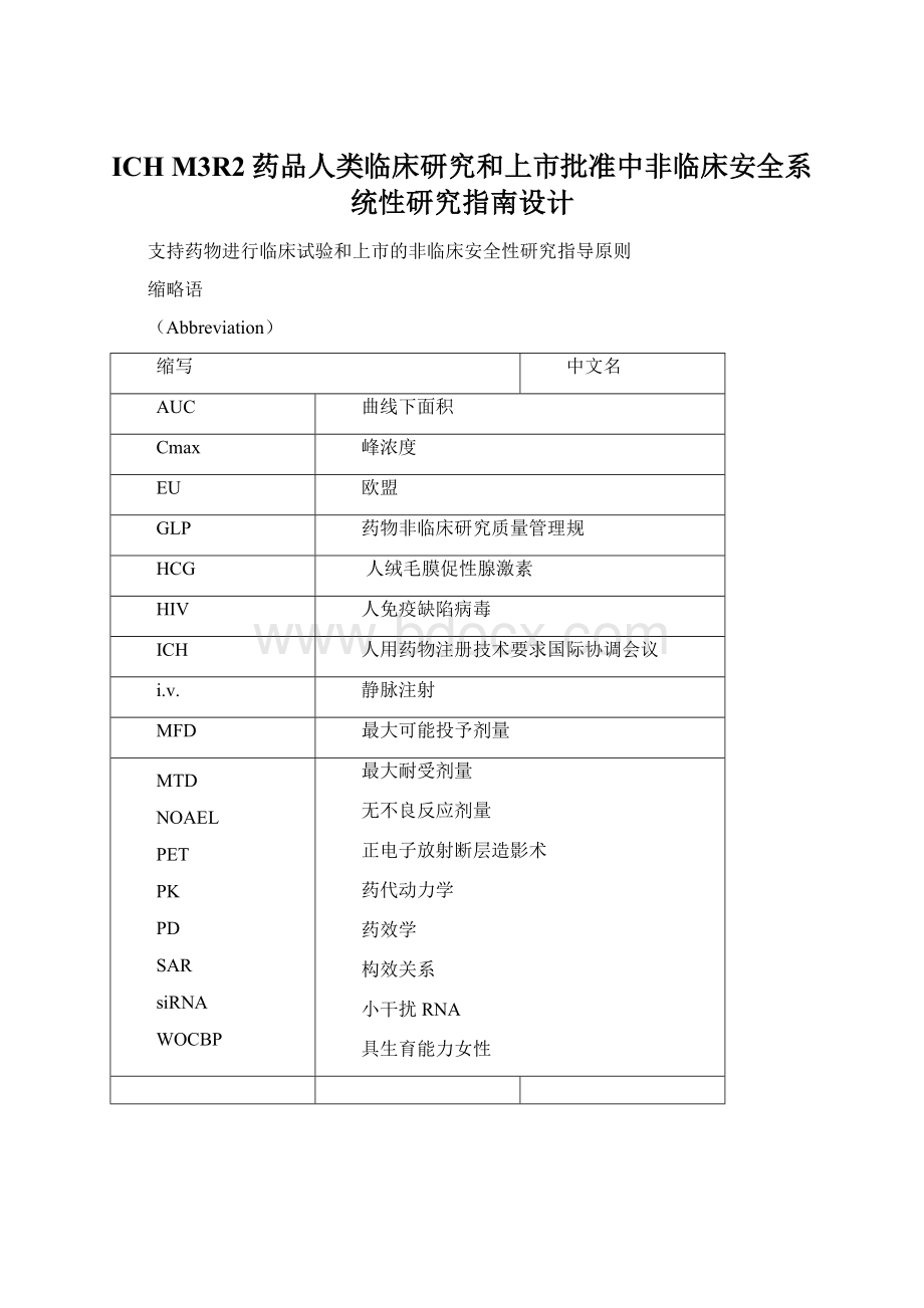 ICH M3R2药品人类临床研究和上市批准中非临床安全系统性研究指南设计Word下载.docx_第1页