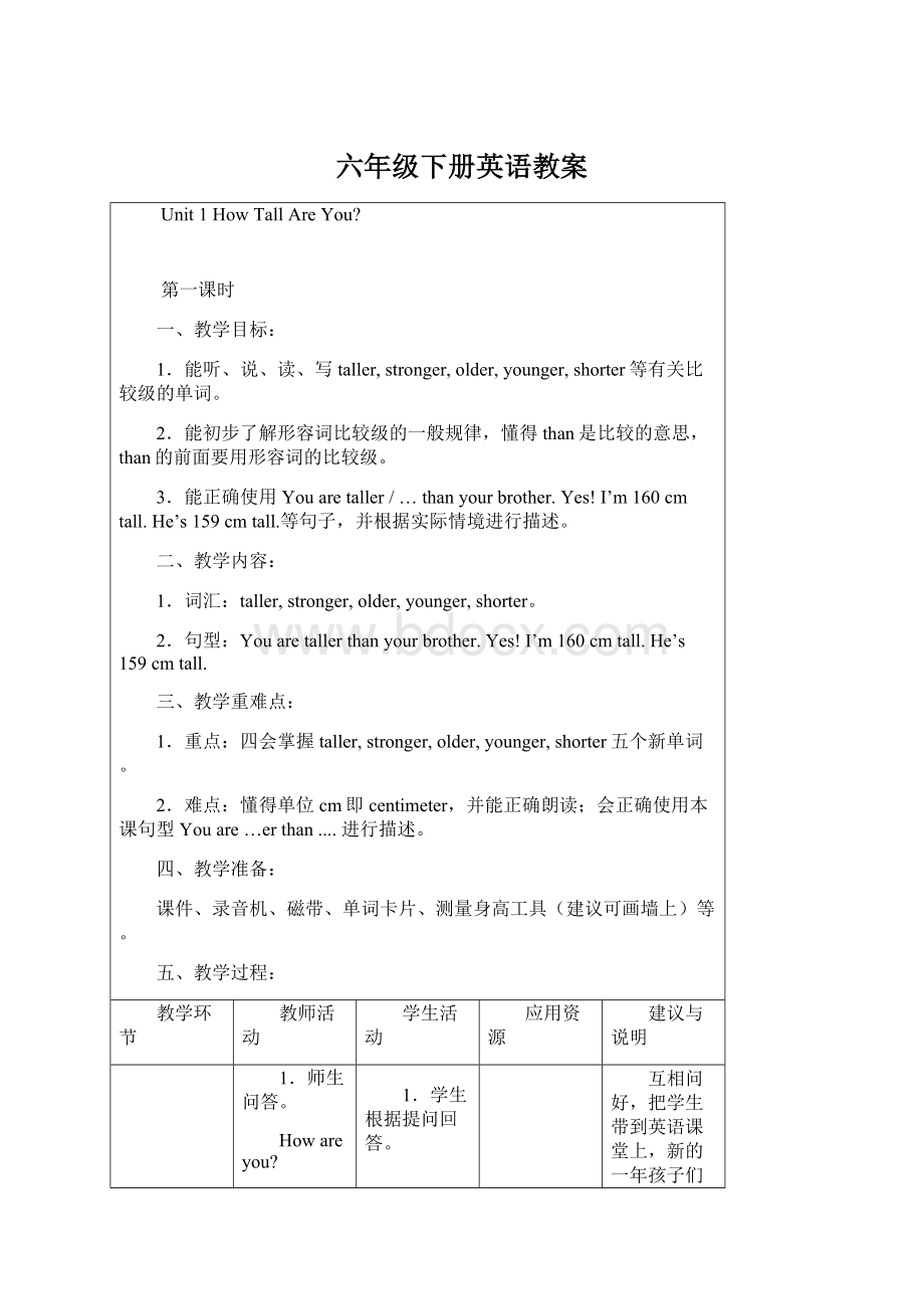 六年级下册英语教案Word文档格式.docx_第1页