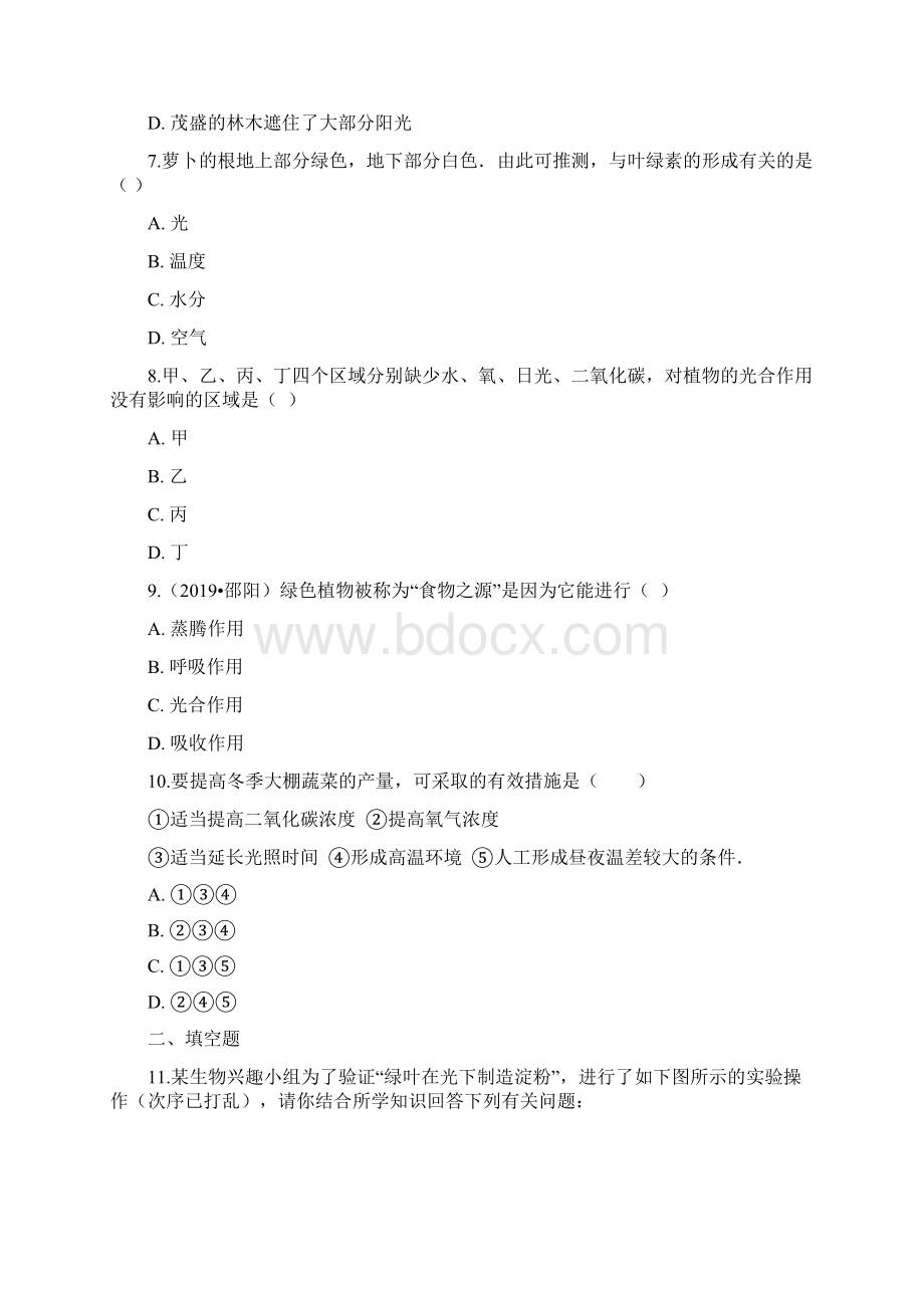 北师大版七年级上册生物 351光合作用 同步测试精选教学文档.docx_第3页