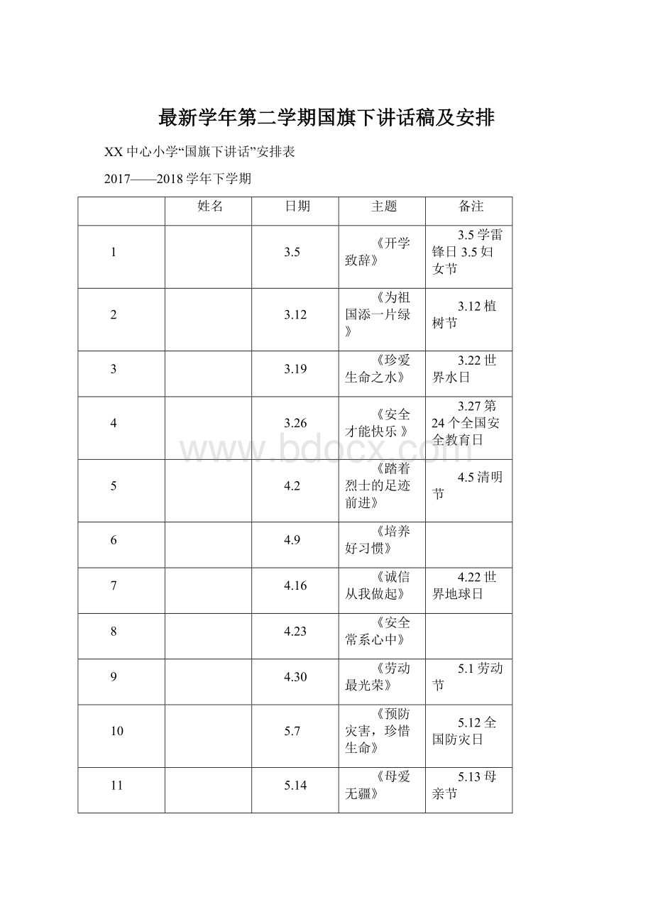 最新学年第二学期国旗下讲话稿及安排文档格式.docx_第1页