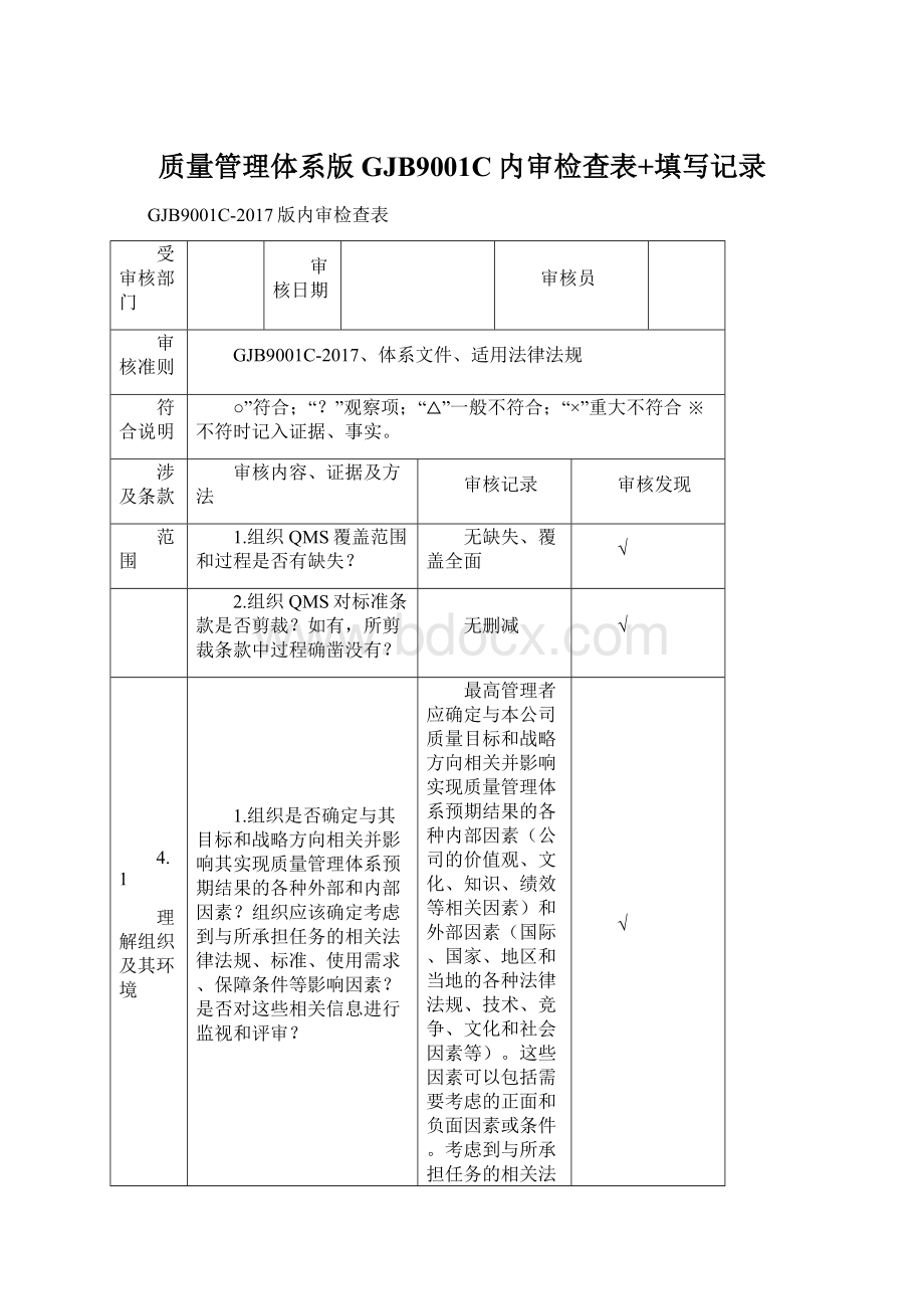 质量管理体系版GJB9001C内审检查表+填写记录.docx