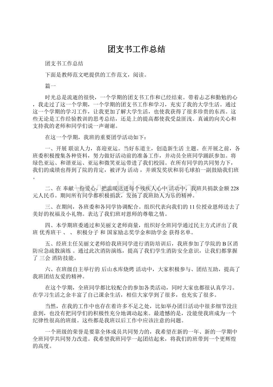 团支书工作总结Word格式文档下载.docx_第1页