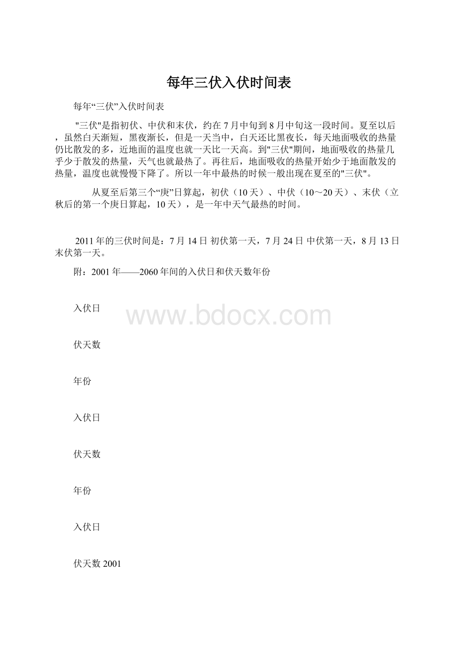 每年三伏入伏时间表Word文档格式.docx_第1页