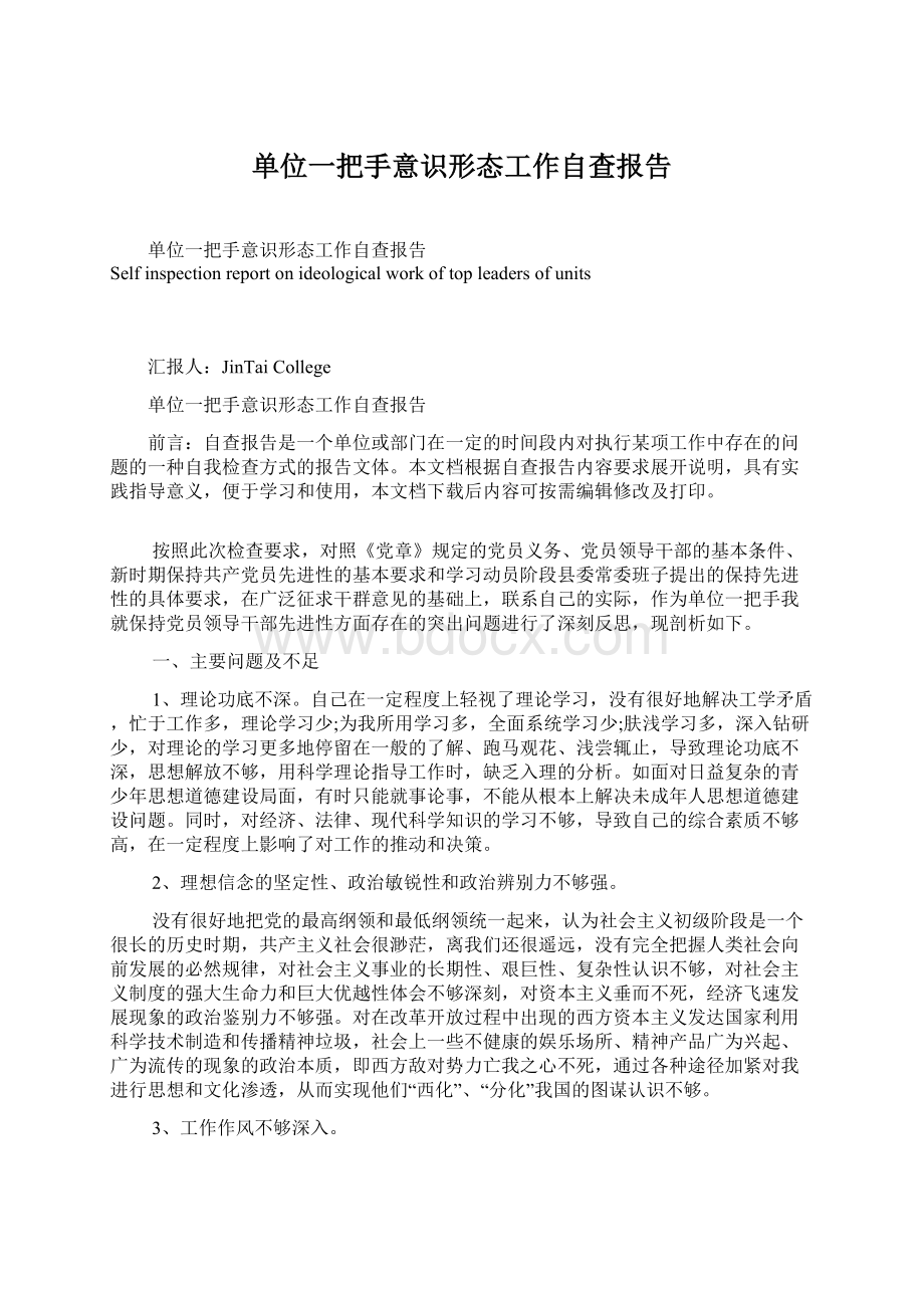 单位一把手意识形态工作自查报告文档格式.docx_第1页