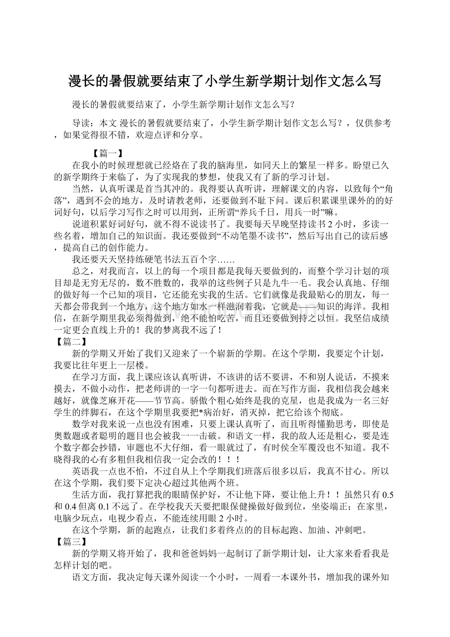 漫长的暑假就要结束了小学生新学期计划作文怎么写Word文档下载推荐.docx