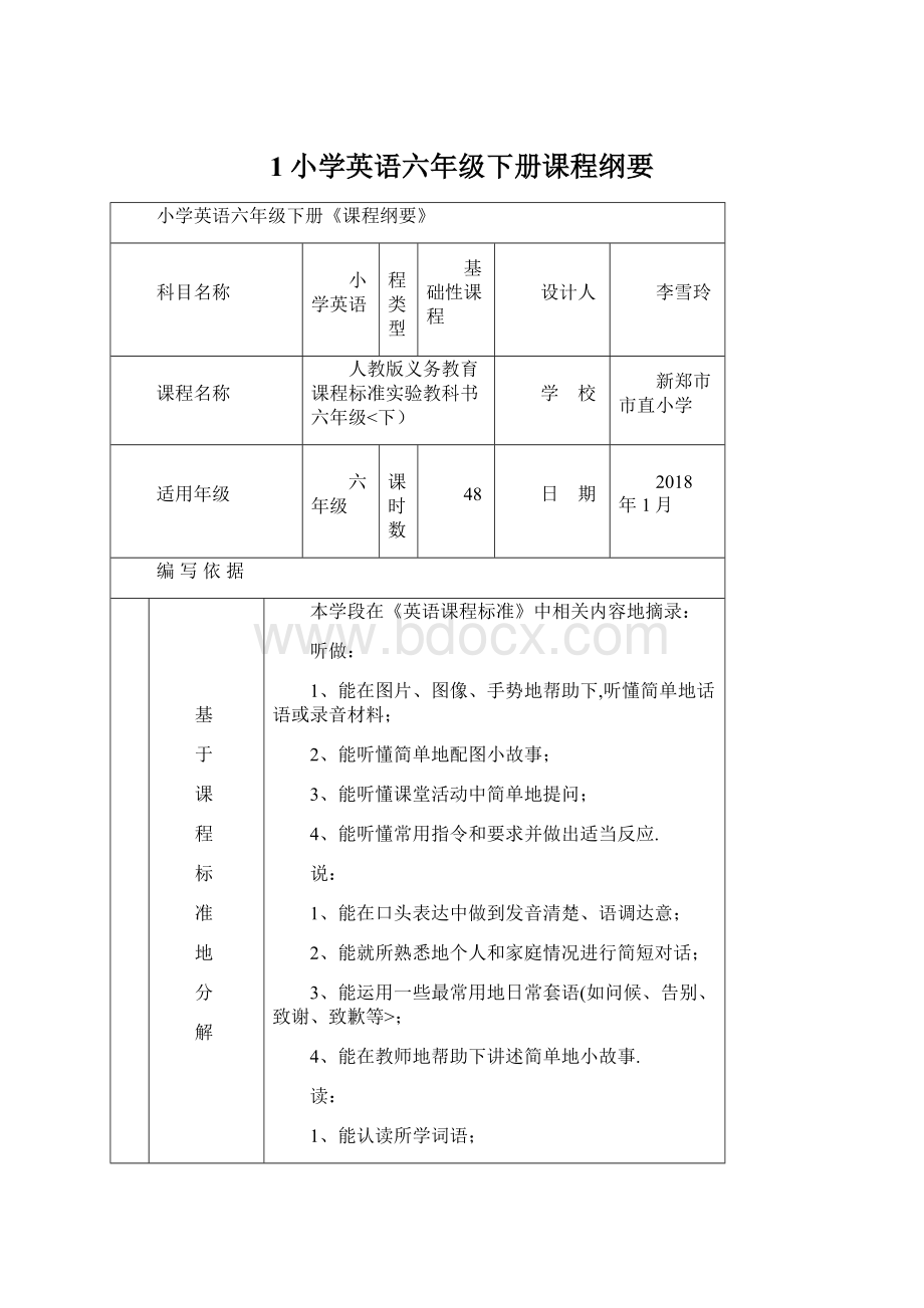 1小学英语六年级下册课程纲要文档格式.docx_第1页