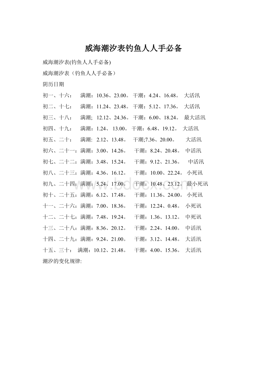 威海潮汐表钓鱼人人手必备.docx